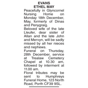 Notice Gallery for ETHEL MAY EVANS